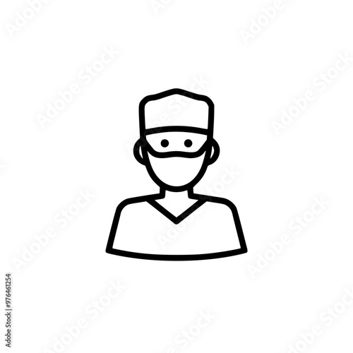 Black and white icon of a male healthcare worker wearing a surgical mask and cap.