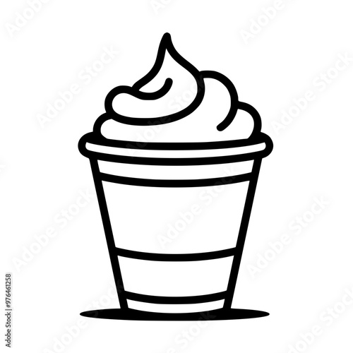 Black and white line drawing of a milkshake in a plastic cup with whipped cream topping.