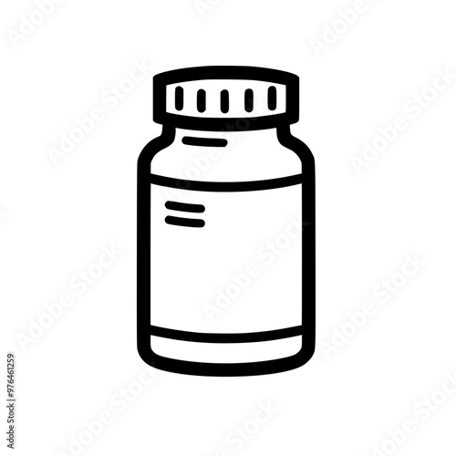 Monochrome illustration of a medication bottle with a blank label and screw cap.