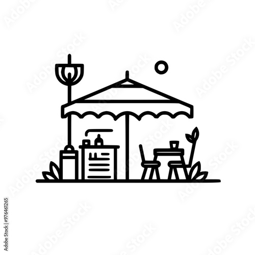 Outdoor cafe setup with umbrella, table, and chairs in minimalist line drawing style.