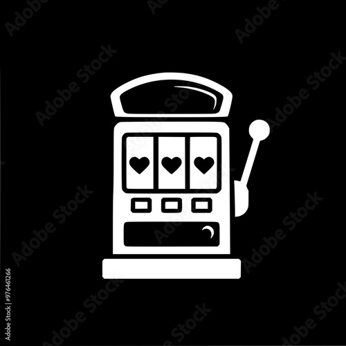 Minimalist black and white illustration of a slot machine with heart symbols.