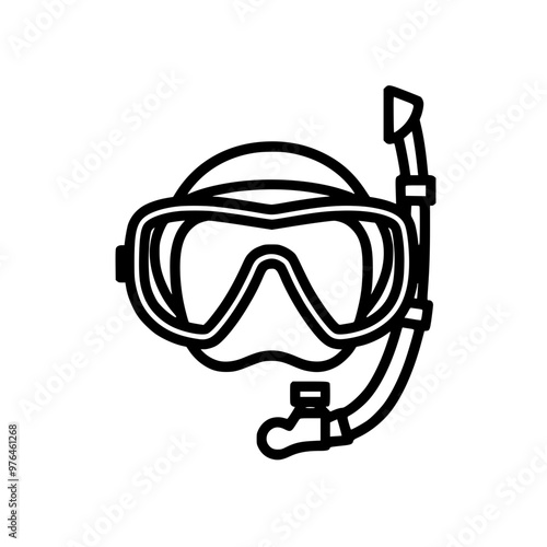 Black and white line drawing of a snorkel mask with an attached snorkel tube.