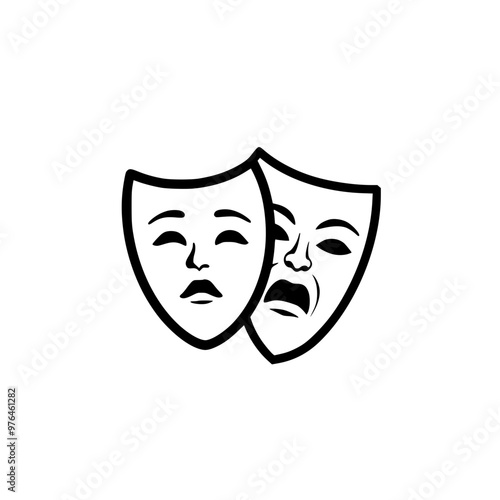 Illustration of two theatre masks depicting comedy and tragedy on a white background.
