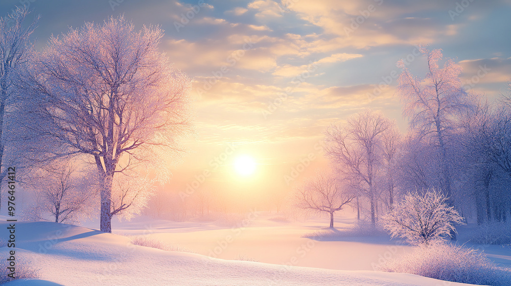 Beautiful winter landscape with snow-covered trees and a meadow, a beautiful sunrise in the sky, a fantasy winter background Beautiful winter landscape with snow-covered trees and a meadow, a beautiful sunrise in the sky, a fantasy winter background