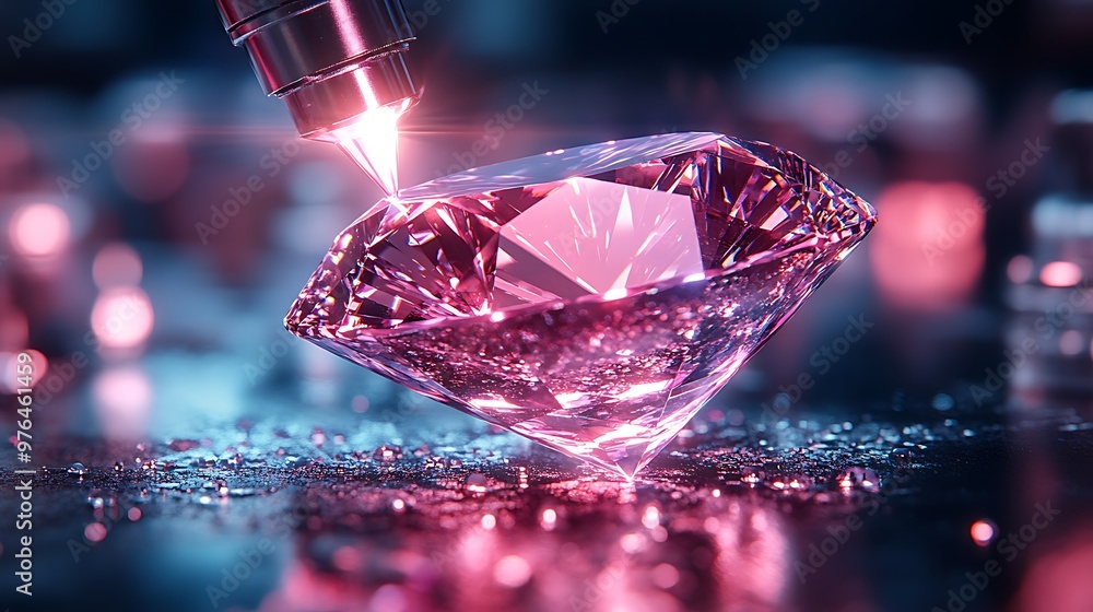 A close-up of a pink diamond being polished with a laser. A close-up of a pink diamond being polished with a laser.