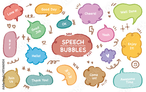 Comic style cute quote speech bubble with positive words. Set of hand drawn memo frame. Cartoon doodle crayon drawing cloud, box, message. Flat vector. Good job Well done Enjoy Awesome Time Love BFF