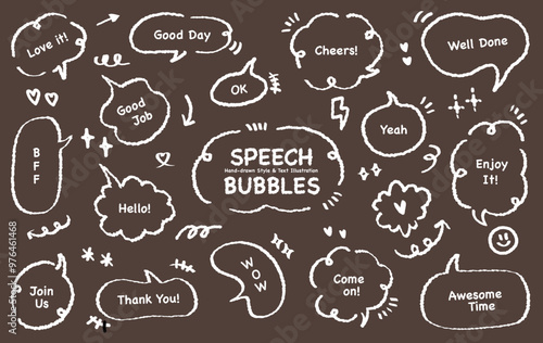 Comic style cute quote outline speech bubble with positive words. Set of hand drawn memo frame. Cartoon doodle crayon drawing cloud, box, message. Flat vector Hello WOW Love Awesome Time BFF Come on