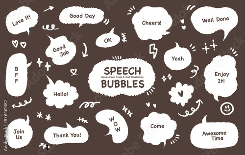 Comic style cute quote outline speech bubble with positive words. Set of hand drawn memo frame. Cartoon doodle crayon drawing cloud, box, message. Flat vector Hello WOW Love Awesome Time BFF Come on