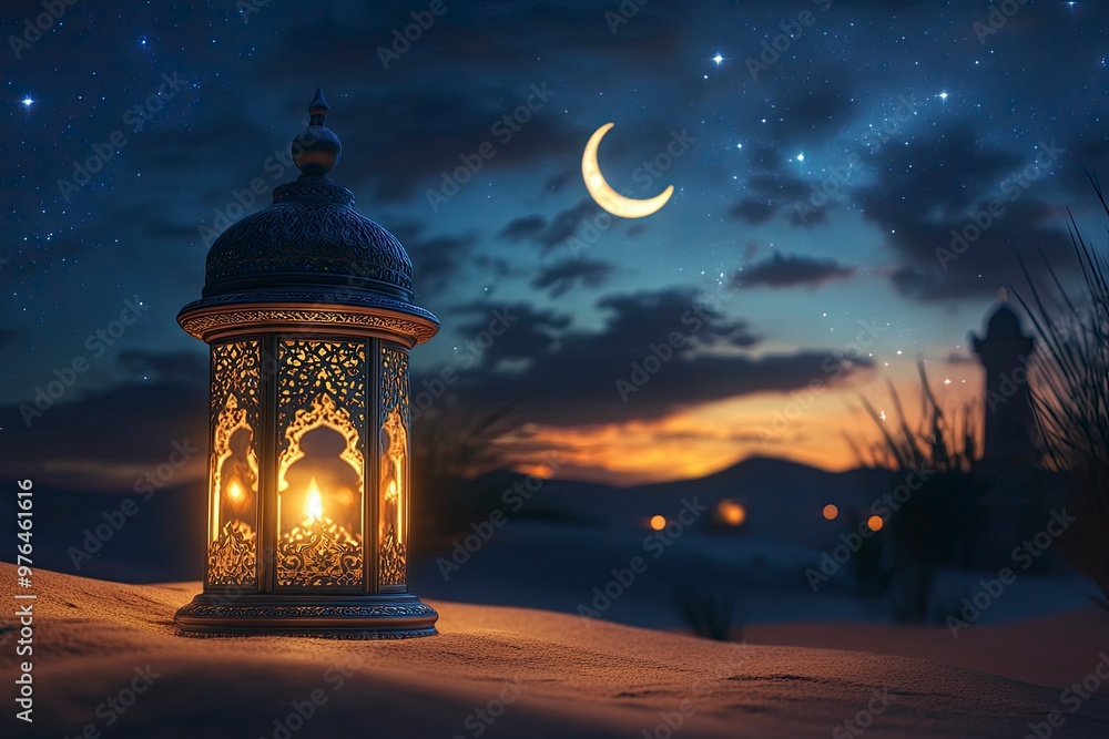 Ramadan Kareem - Arabic Lantern At Night In desert With Crescent Moon And Magic Glittering - Eid Ul Fitr, ai Ramadan Kareem - Arabic Lantern At Night In desert With Crescent Moon And Magic Glittering - Eid Ul Fitr, ai