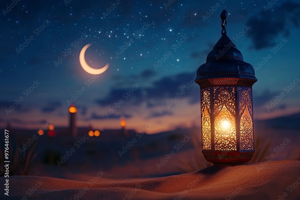 Ramadan Kareem - Arabic Lantern At Night In desert With Crescent Moon And Magic Glittering - Eid Ul Fitr, ai Ramadan Kareem - Arabic Lantern At Night In desert With Crescent Moon And Magic Glittering - Eid Ul Fitr, ai