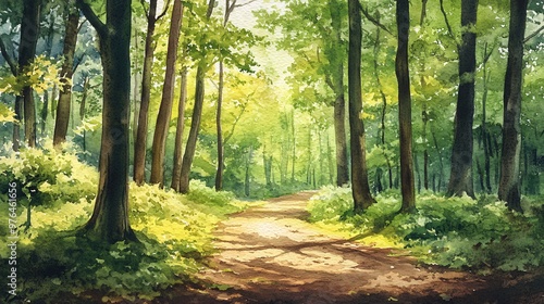 A watercolor painting of a sunlit path through a lush green forest.