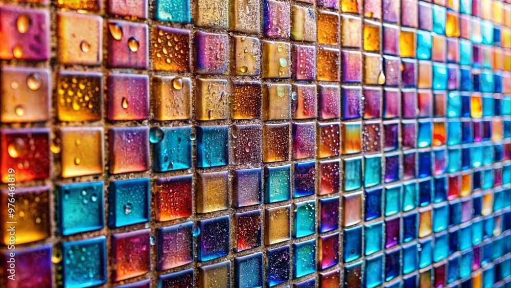 Fototapeta premium Close-up of vibrant glass tile wall with water droplets