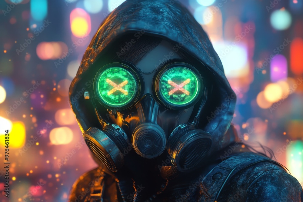 Futuristic Cyberpunk Girl with Gas Mask and Hooded Jacket in Urban City Setting | Conceptual Sci-Fi Character Art Futuristic Cyberpunk Girl with Gas Mask and Hooded Jacket in Urban City Setting | Conceptual Sci-Fi Character Art
