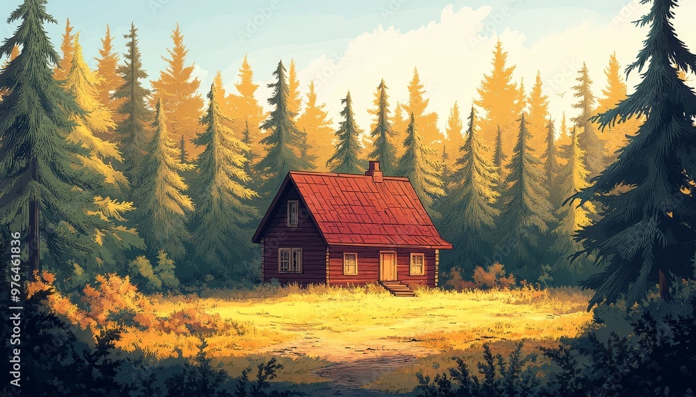 Rustic Charm of a Forest Fire Station Cabin - Cartoon Style Illustration with Copy Space Rustic Charm of a Forest Fire Station Cabin - Cartoon Style Illustration with Copy Space