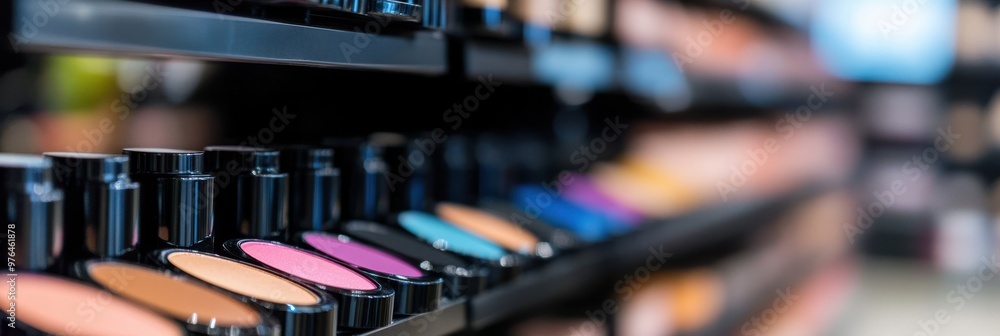 An array of makeup products displayed on shelves featuring a variety of colors, representing beauty, fashion, and the diverse tools available for personal expression. An array of makeup products displayed on shelves featuring a variety of colors, representing beauty, fashion, and the diverse tools available for personal expression.