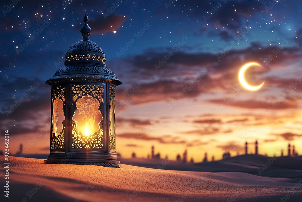 Ramadan Kareem - Arabic Lantern At Night In desert With Crescent Moon And Magic Glittering - Eid Ul Fitr, ai Ramadan Kareem - Arabic Lantern At Night In desert With Crescent Moon And Magic Glittering - Eid Ul Fitr, ai