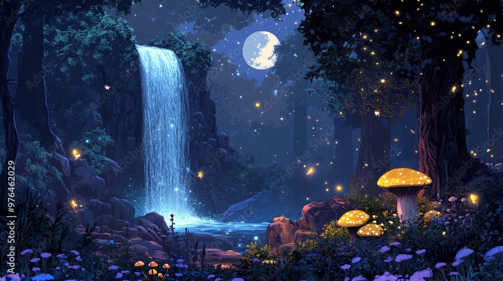 A whimsical fairy tale scene of a magical forest with a hidden waterfall, glowing mushrooms, and fairies dancing in the moonlight. A whimsical fairy tale scene of a magical forest with a hidden waterfall, glowing mushrooms, and fairies dancing in the moonlight.