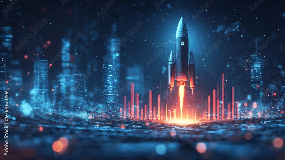 Futuristic Rocket Ship Bar Chart Concept in Space | Digital AI Illustration for Financial Growth | Copy Space Available Futuristic Rocket Ship Bar Chart Concept in Space | Digital AI Illustration for Financial Growth | Copy Space Available