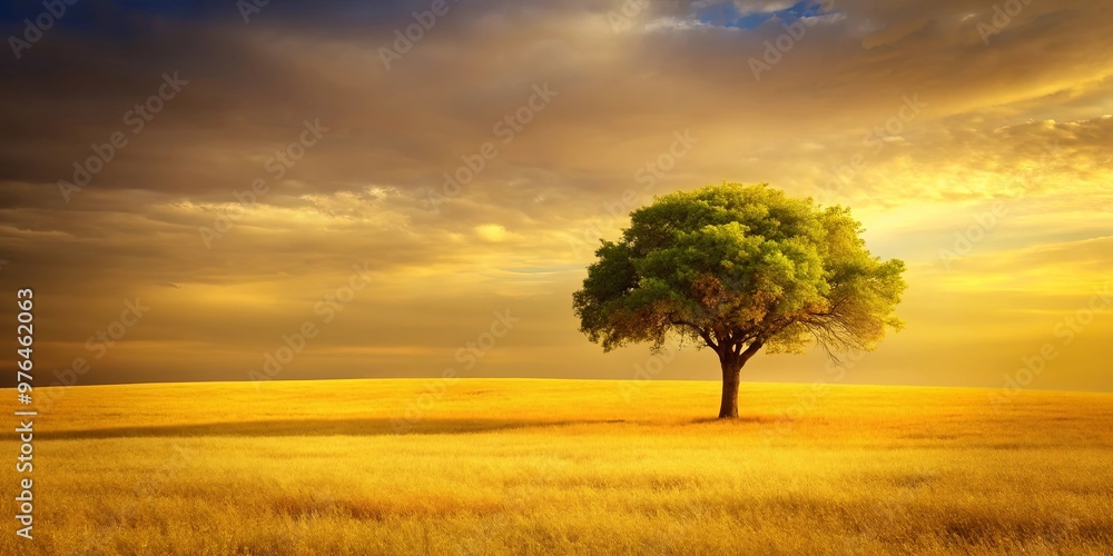 Fototapeta premium Lone tree standing in field of yellow grass with yellow sky in background