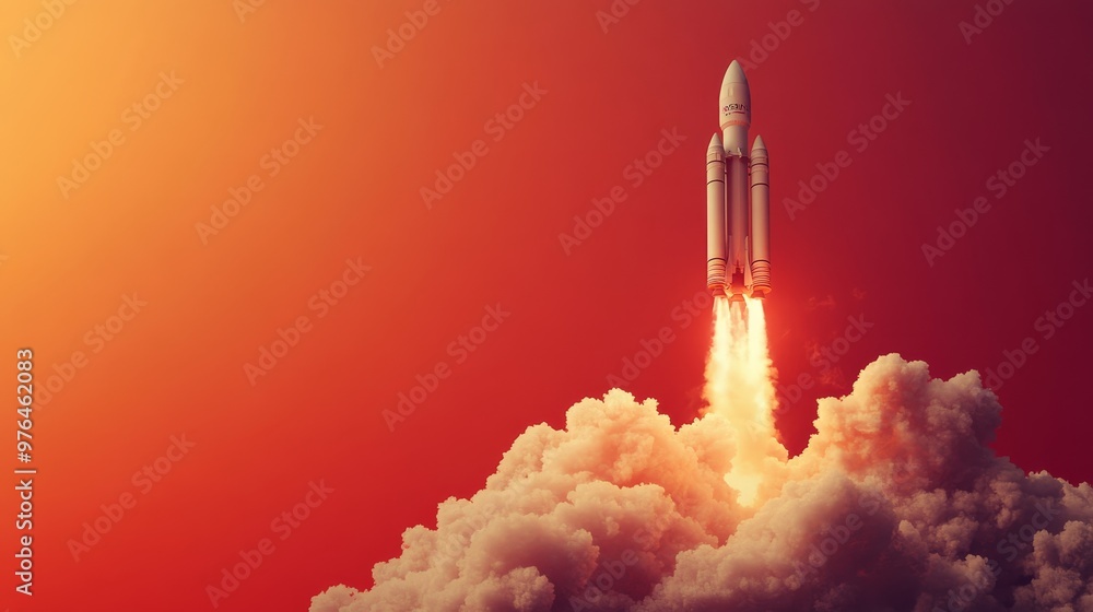 Dynamic Rocket Launching with Smoke Plume on Vibrant Red Background - Concept of Space Exploration and Innovation. Copy Space for Text. Dynamic Rocket Launching with Smoke Plume on Vibrant Red Background - Concept of Space Exploration and Innovation. Copy Space for Text.