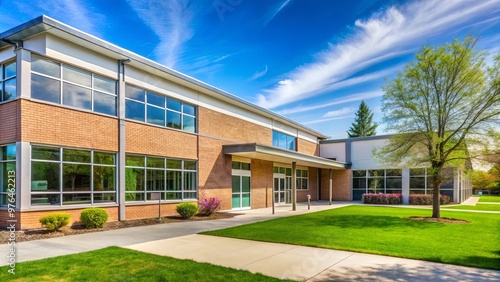 Backside of an elementary school building on a sunny spring day