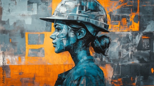 Abstract painting of a woman in a construction helmet against an orange and blue geometric background, showcasing modern artistic expression. photo