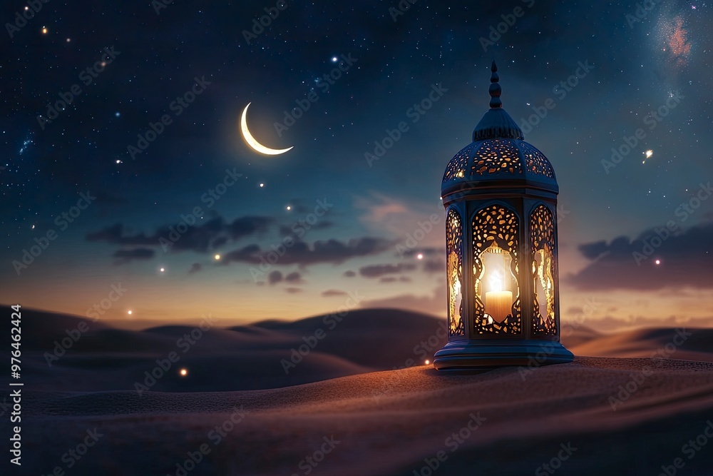 Ramadan Kareem - Arabic Lantern At Night In desert With Crescent Moon And Magic Glittering - Eid Ul Fitr , ai Ramadan Kareem - Arabic Lantern At Night In desert With Crescent Moon And Magic Glittering - Eid Ul Fitr , ai