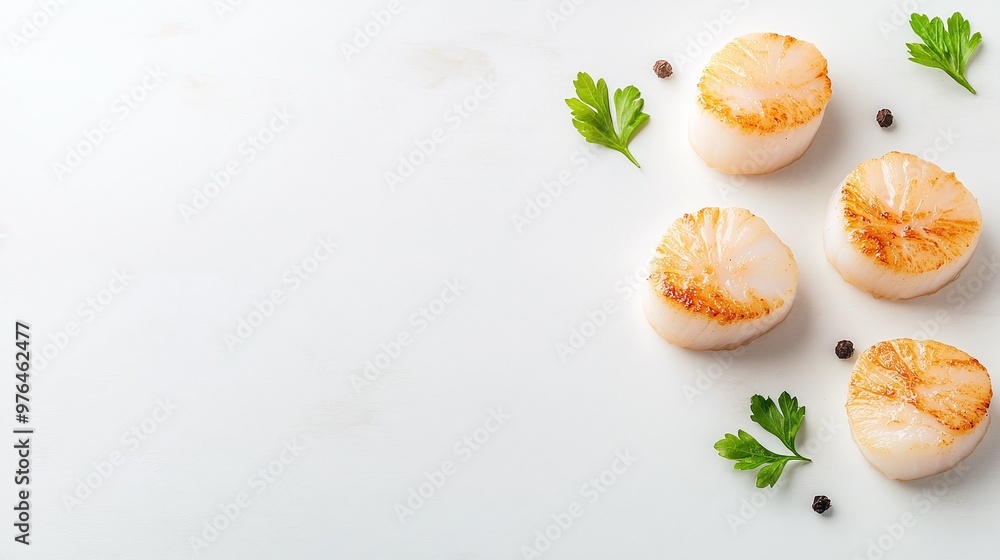 Seared scallops garnished with fresh herbs and black pepper on a white plate. A gourmet seafood dish perfect for dinner or special occasions, combining elegance and flavor. Seared scallops garnished with fresh herbs and black pepper on a white plate. A gourmet seafood dish perfect for dinner or special occasions, combining elegance and flavor.