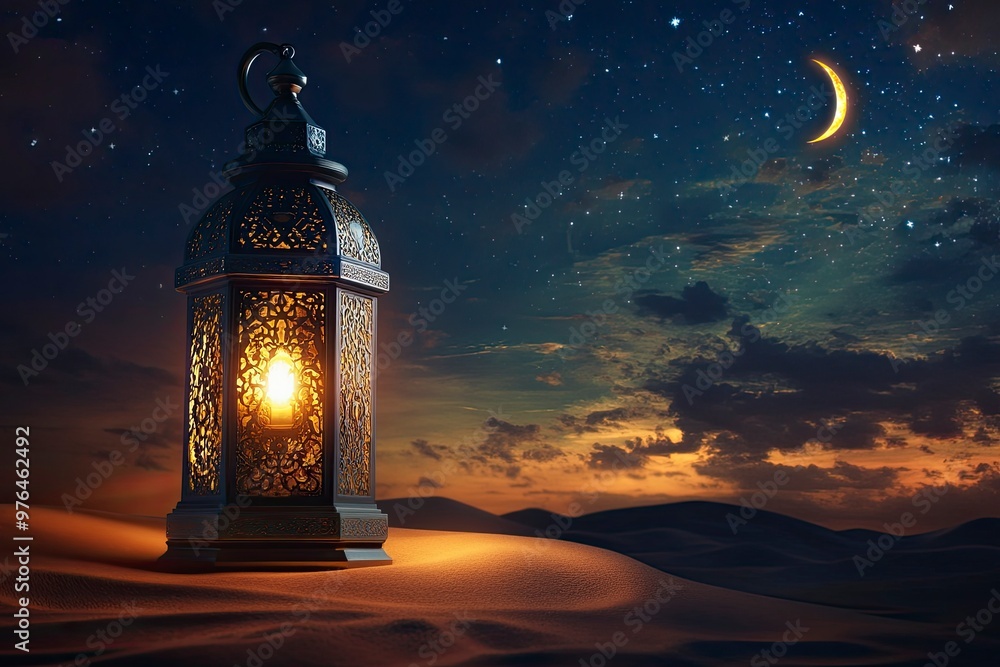 Ramadan Kareem - Arabic Lantern At Night In desert With Crescent Moon And Magic Glittering - Eid Ul Fitr , ai Ramadan Kareem - Arabic Lantern At Night In desert With Crescent Moon And Magic Glittering - Eid Ul Fitr , ai