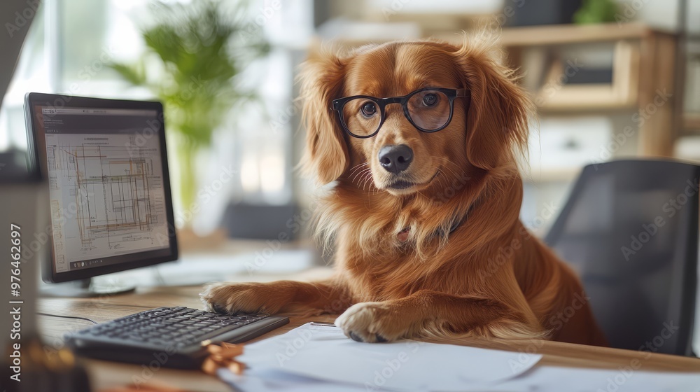 Adorable dog wearing glasses sitting at a desk, looking at a computer ...