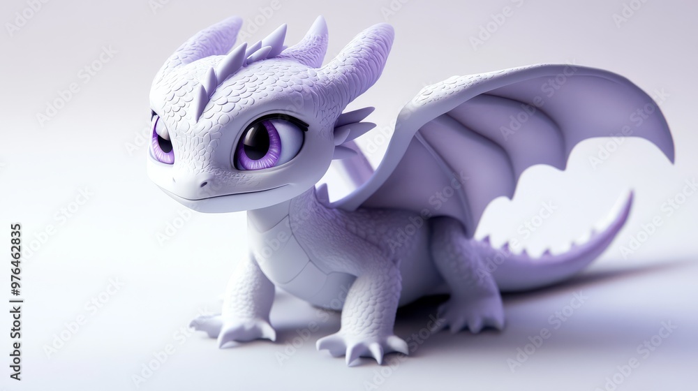 Fototapeta premium Adorable purple baby dragon with big eyes, detailed scales, and small wings in a cute and playful pose.
