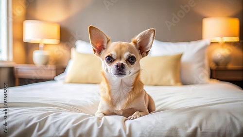 Cute Chihuahua dog relaxing in a pet-friendly hotel room