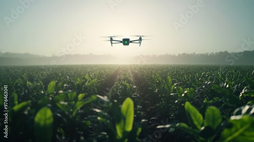 Capture the essence of artificial intelligence in agriculture, with AI-driven drones monitoring crops, smart irrigation systems optimizing water use