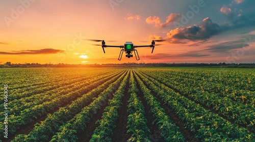 Capture the essence of artificial intelligence in agriculture, with AI-driven drones monitoring crops, smart irrigation systems optimizing water use photo