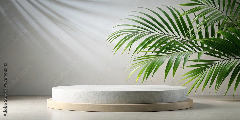 Tropical stone podium with palm leaf and shadow, perfect for cosmetic product display promotion Tropical stone podium with palm leaf and shadow, perfect for cosmetic product display promotion
