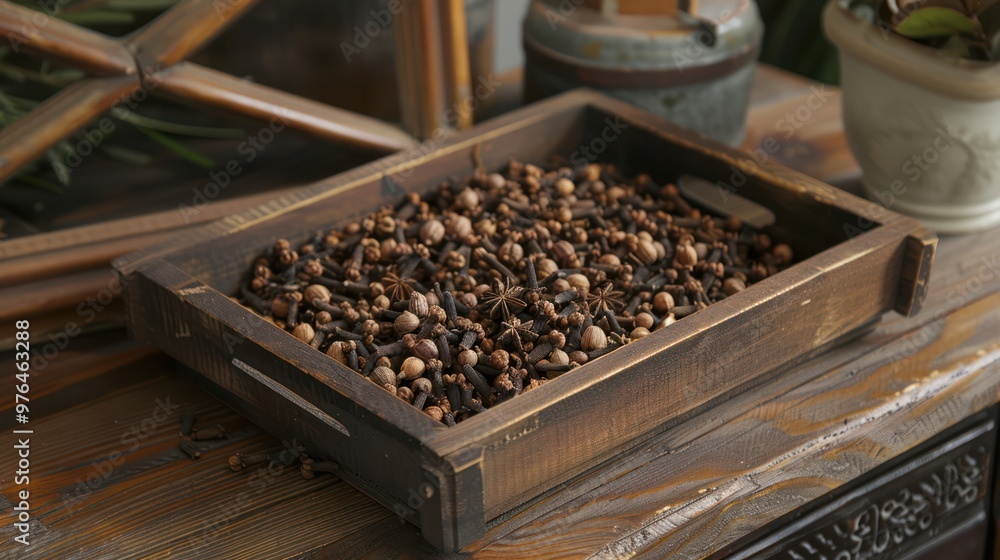 A Rustic Wooden Tray Filled With Aromatic Spices A Rustic Wooden Tray Filled With Aromatic Spices