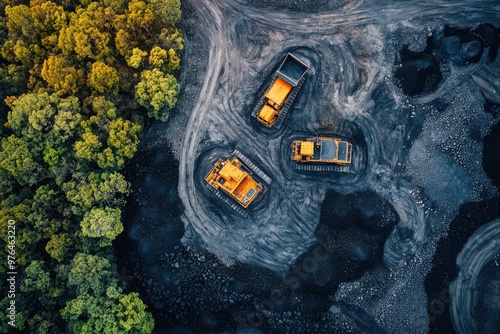 Aerial view of open cut coal mining with heavy machinery and trucks, Hunter Valley, New South Wales, Australi , ai