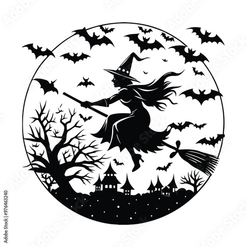 "Silhouette of a Witch Flying on a Broomstick Across a Full Moonlit Sky - Mysterious and Magical Illustration on white background, Perfect for Halloween and Fantasy Themes