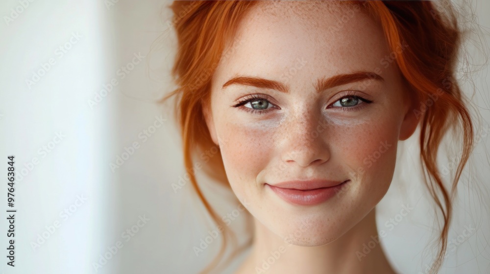 A close-up of a Caucasian woman with freckles and red hair, smiling gently against a soft, blurred background A close-up of a Caucasian woman with freckles and red hair, smiling gently against a soft, blurred background