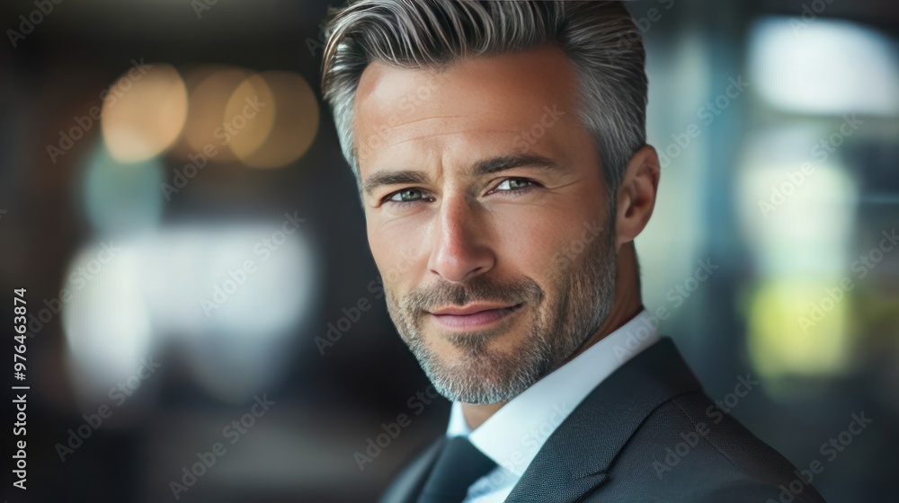Fototapeta premium A close-up portrait of a Caucasian man with salt-and-pepper hair, dressed in business attire, looking confidently at the camera