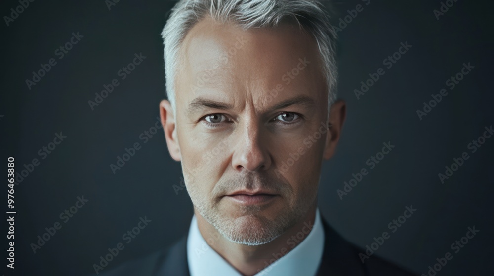 Fototapeta premium A close-up portrait of a Caucasian man with salt-and-pepper hair, dressed in business attire, looking confidently at the camera