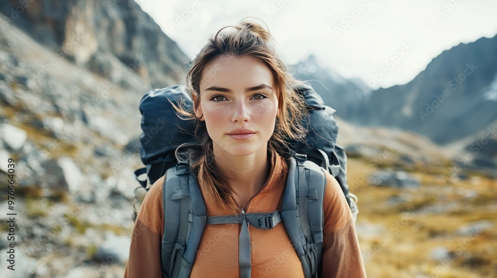 A detailed shot of a Caucasian woman hiking in the mountains, with a backpack and a look of determination on her face A detailed shot of a Caucasian woman hiking in the mountains, with a backpack and a look of determination on her face