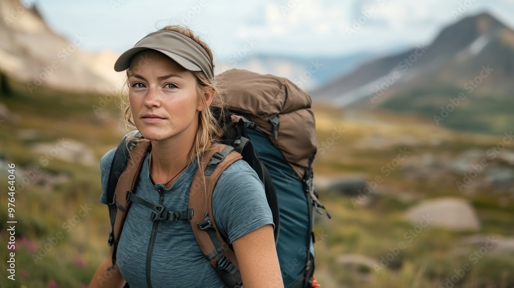 A detailed shot of a Caucasian woman hiking in the mountains, with a backpack and a look of determination on her face A detailed shot of a Caucasian woman hiking in the mountains, with a backpack and a look of determination on her face