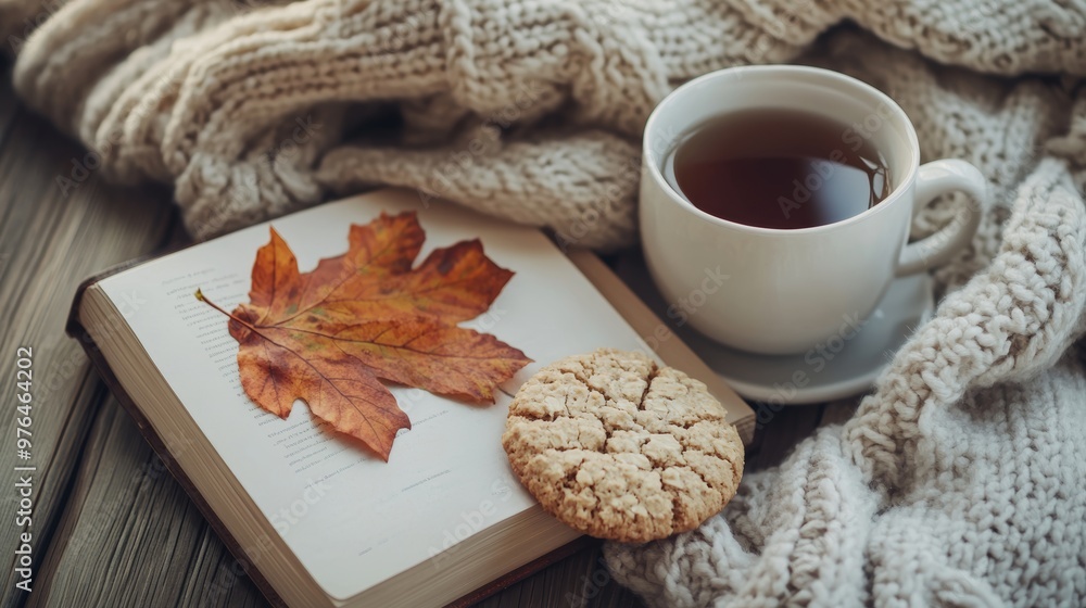 Hygge and cozy home concept - book with autumn leaf cup of tea and oatmeal cookies on wooden table Hygge and cozy home concept - book with autumn leaf cup of tea and oatmeal cookies on wooden table
