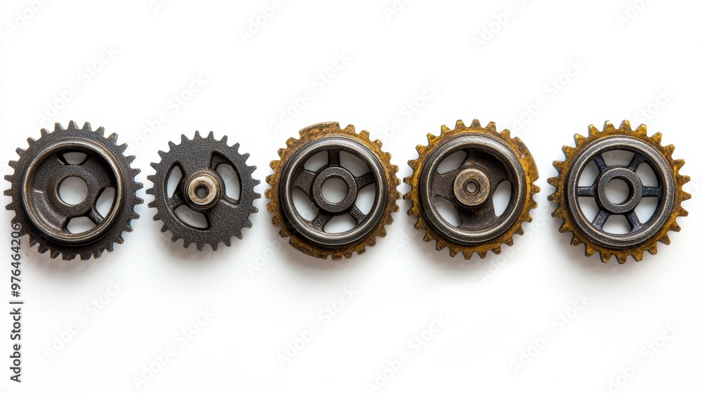 Five gears of a perpetual motion machine on white Five gears of a perpetual motion machine on white