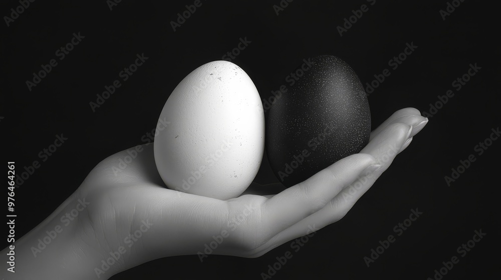 Black and white image of a hand holding two eggs, one white and one black, symbolizing contrast, balance and duality. Black and white image of a hand holding two eggs, one white and one black, symbolizing contrast, balance and duality.