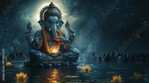 Beautiful Ganesha statue in a serene water setting with glowing flowers and starry night sky, capturing a spiritual and serene atmosphere.