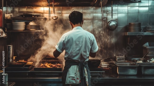 Chef cooking in a busy kitchen with steam rising from pans, preparing meals with focus and dedication under warm lighting. photo