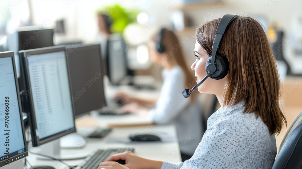 Call center operator wearing headset assisting customers in bright, modern office representing customer service and technical support Call center operator wearing headset assisting customers in bright, modern office representing customer service and technical support