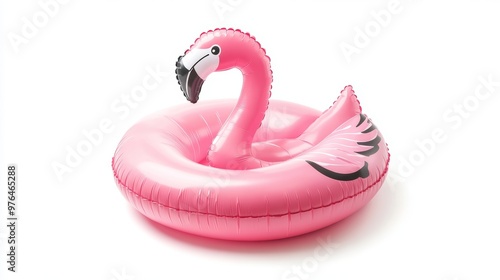 Flamingo print. Pink pool inflatable flamingo for summer beach isolated on white background. Minimal summer concept. photo